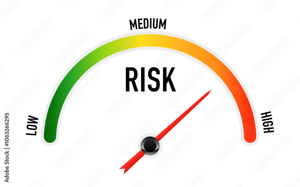 Poster risk icon on the speedometer. high risk meter. 3d meter with arrow for dashboard with green, yellow,