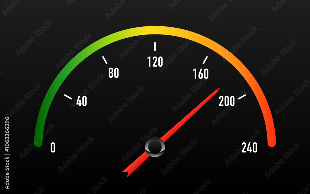 Poster speedometer icon. 3d meter with arrow for dashboard with green, yellow, red indicators. car speedome