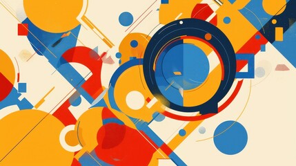Obraz premium Dynamic abstract composition featuring vibrant circles and geometric shapes in blue, red, and yellow hues.