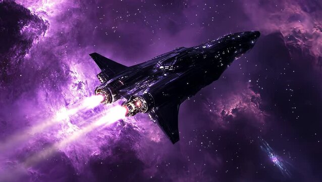 Spaceship Traveling through a Purple Nebula