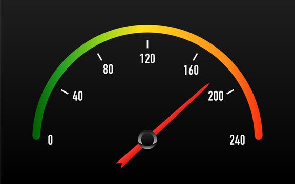 Speedometer icon. 3D meter with arrow for dashboard with green, yellow, red indicators. Car speedometer. Scale score of speed, performance and rating. Vector illustration