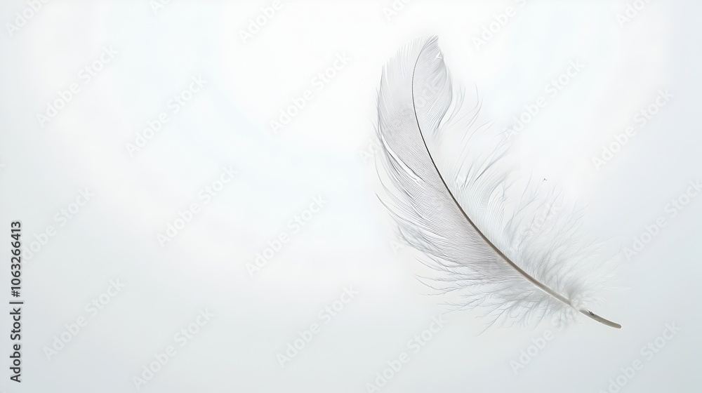 Poster delicate floating feather on minimalist white background symbolizing lightness and freedom