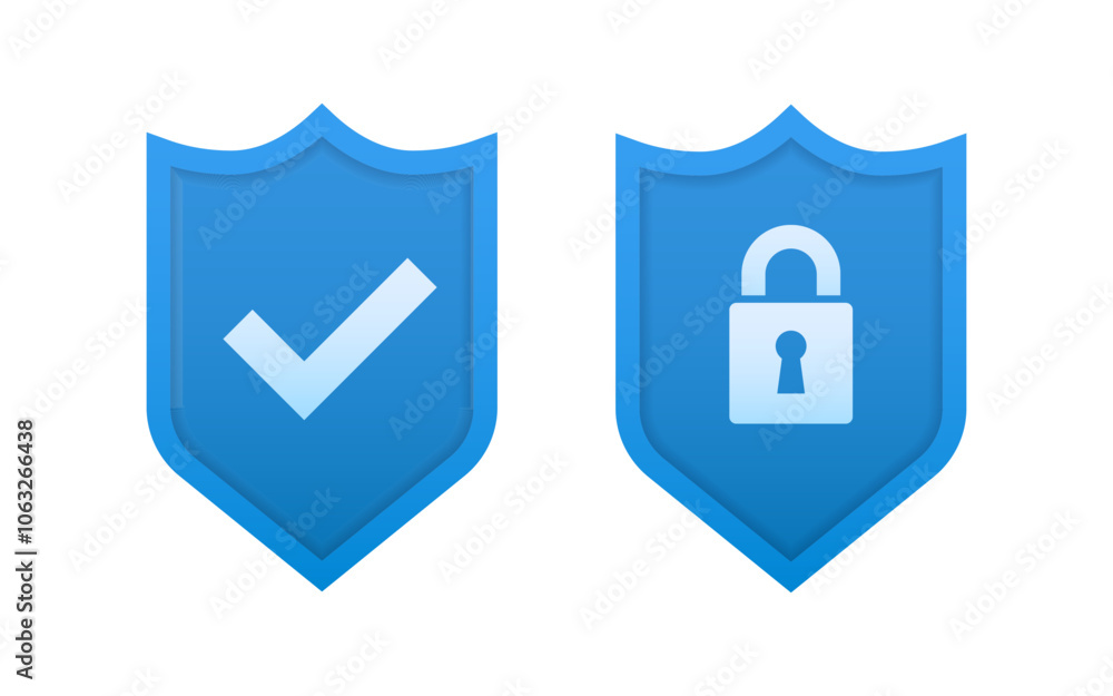 Poster security shield and shield check set. protect shield icons. cross and tick sign. concept of privacy,
