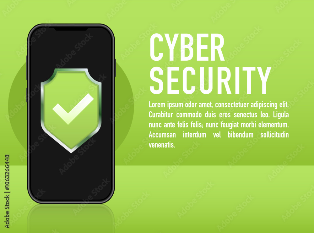 Poster cyber security concept banner with phone and green shield. the shield has a white check mark. concep