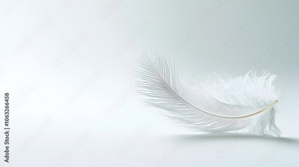 Poster delicate feather floating softly on minimalist white background symbolizing lightness and freedom