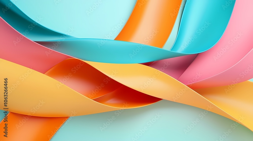 Poster the image showcases an abstract composition of colorful, wavy ribbons against a light blue backgroun