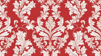 Elegant white floral damask pattern on a vibrant red background, exuding a classic and luxurious feel.