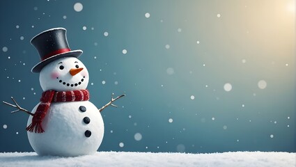Fototapeta premium Snowman with hat and red scarf, christmas wallpaper, winter and holiday banner, empty space for text