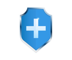 3D medical blue shield protection with plus on pastel background.  Vector Health Protection icon. Concept of medical insurance, hygiene. Vector illustration