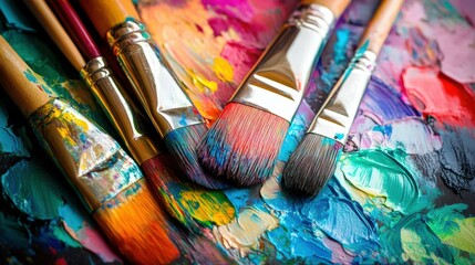 Fototapeta premium Painting brushes and bright colors paint. Craft artistic