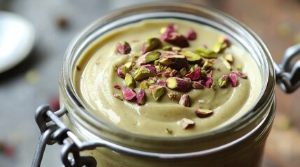 Creamy pistachio spread in a small jar