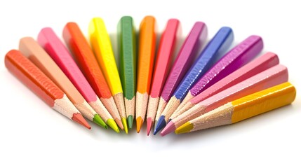 Fototapeta premium Vibrant Colored Pencils Arranged in Fan Shape on White Background