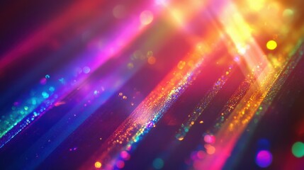 Obraz premium Film leak light overlay texture background with neon and iridescent stripes. Rainbow lens flare effect on crystal glass or camera film filter with bokeh. Laser beam strip.