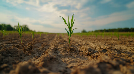 Fragile corn sprout growing in dry cracked soil, showcasing agricultural challenges and the impact of drought on cultivated fields