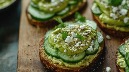 Cucumber and feta tostada topped with avocado spread on a wooden board