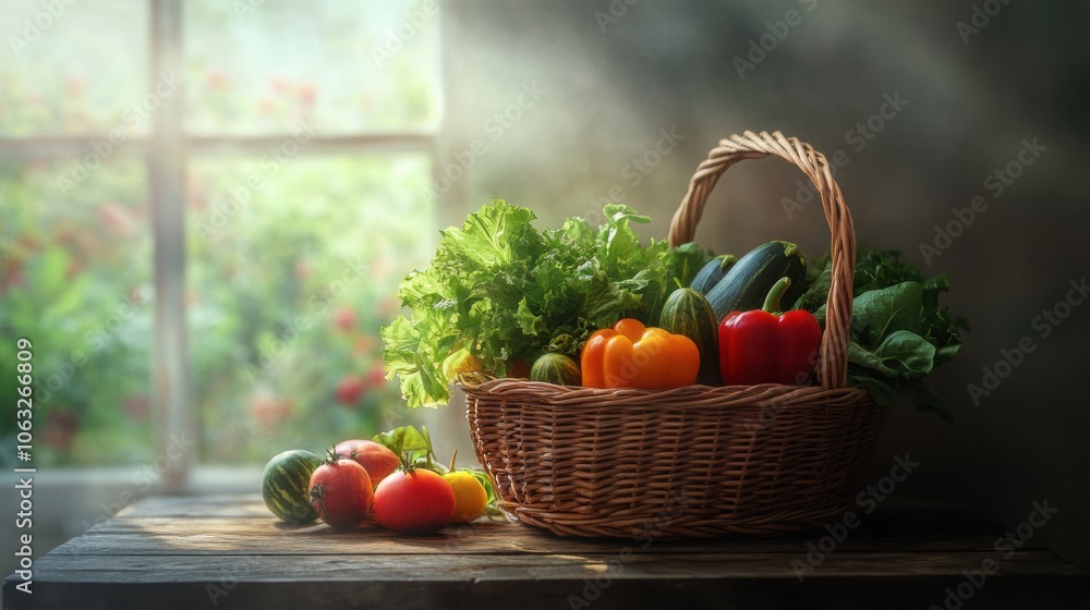 Poster Fresh vegetables and fruits filled a wicker basket resting on a rustic wooden table, illuminated by the warm sunlight. Generative AI