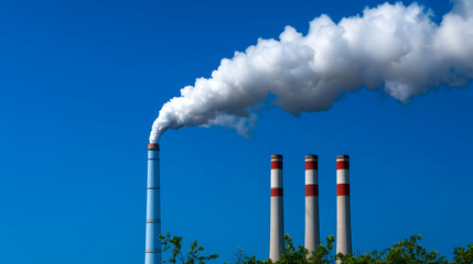 Industrial chimneys emitting white smoke against a clear blue sky, representing pollution from a power plant