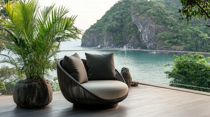 Obraz premium Contemporary armchair adorned with plush cushions alongside a lush plant ideal for a tranquil outdoor atmosphere and unwinding