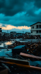 Devastation in a coastal town, houses and personal items scattered on the ground after a hurricane, under a stormy sky