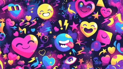 A vibrant and colorful pattern featuring playful emojis and shapes, perfect for conveying fun and positivity.