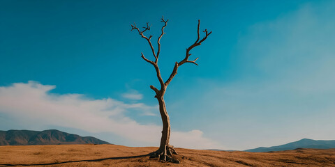 Solitary dry tree with twisted branches in a barren desert with a vibrant blue sky and mountains in the background, representing strength and the rugged beauty of nature