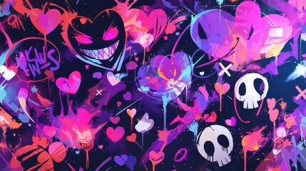 A vibrant and playful design featuring whimsical skulls and heart motifs in bold colors.