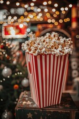 A bucket of popcorn sits on top of a table, ready for a movie night or snack time
