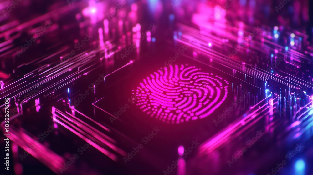 Poster Concept Protect personal data banner. Security system with fingerprint on cyber technology neon background