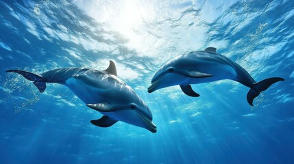 Graceful Pair of Dolphins Swimming Together in the Clear Blue Ocean, Showcasing Playful Interactions and Bonding Amidst Sunlit Underwater Scenery