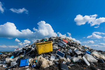 Huge pile of electronic waste polluting the environment under a cloudy blue sky, representing the growing problem of e waste disposal and environmental damage