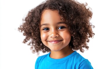 Smiling young girl with curly hair wearing a blue shirt against white background Generative AI