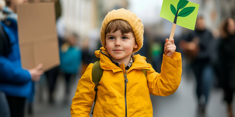Child participating in a climate change protest, holding a sign with a green plant symbolizing environmental awareness and the need for urgent climate action