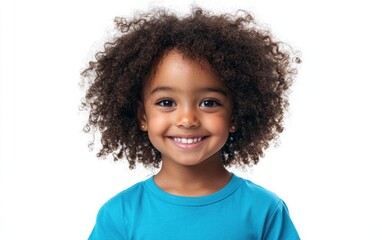 Smiling young girl with curly hair wearing a blue shirt against white background Generative AI