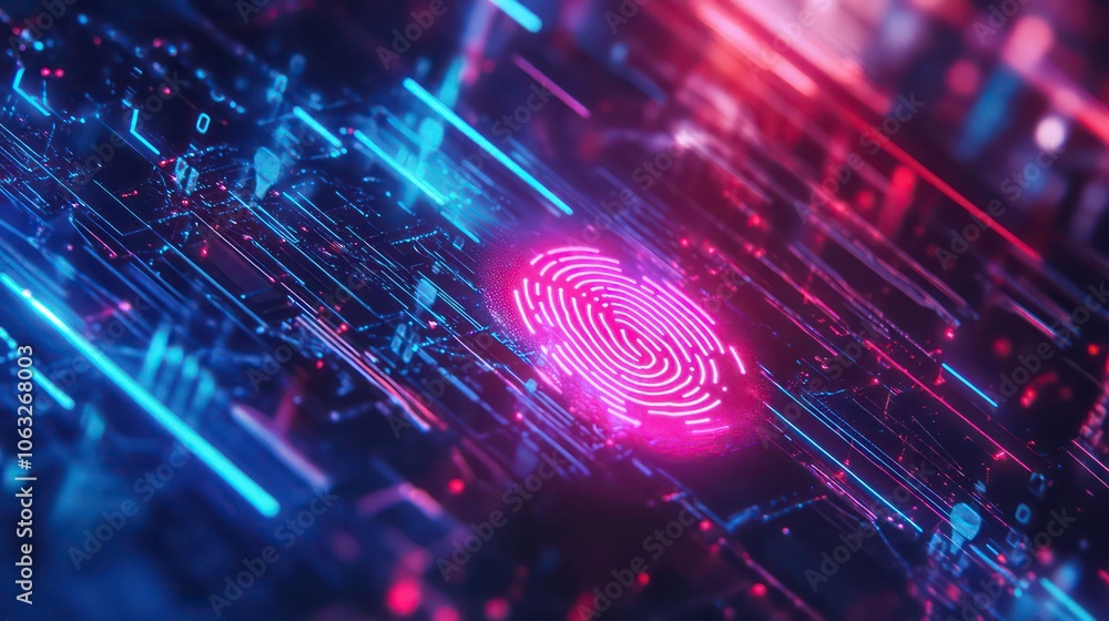 Poster a digital fingerprint surrounded by glowing circuitry, symbolizing security and technology.