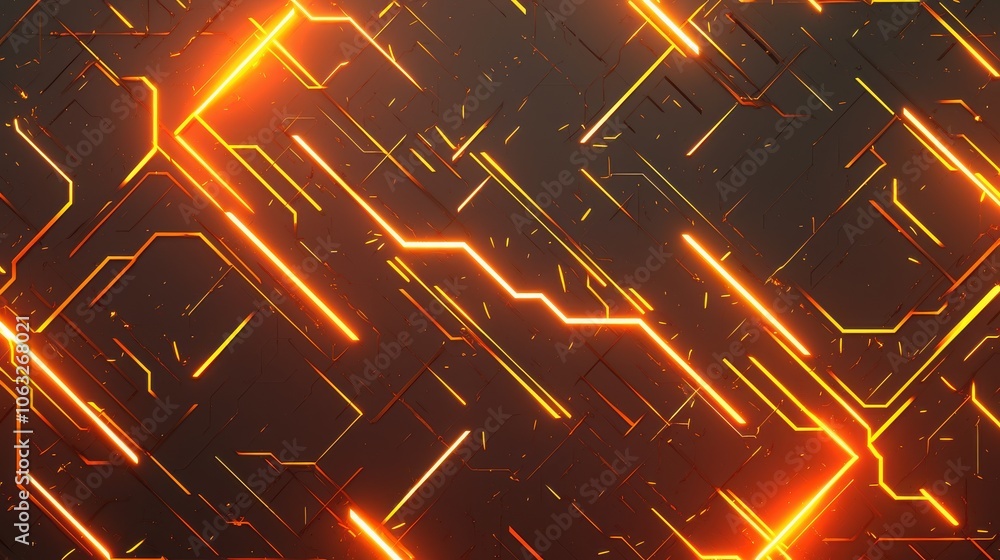 Poster futuristic abstract background with glowing orange lines and geometric patterns.
