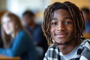 Obraz premium Smiling young man with dreadlocks in a classroom setting Generative AI