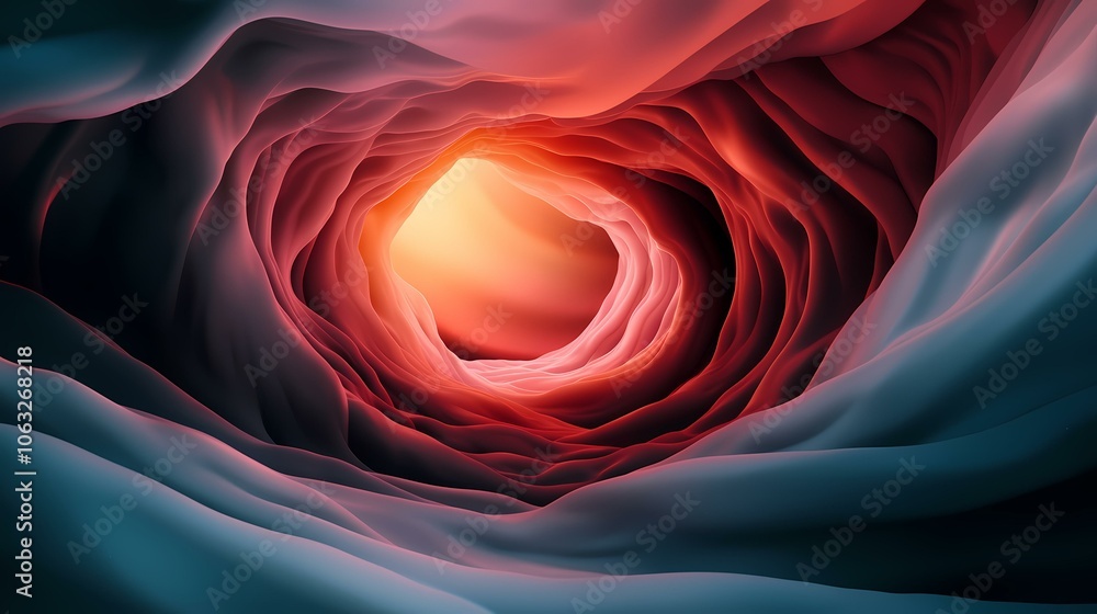 Poster the image contains a 3d rendering of a swirling tunnel in shades of red and blue. the tunnel is lit 