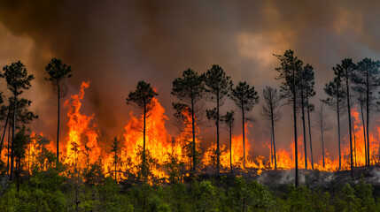 Forest consumed by intense flames, with burning trees and thick smoke showcasing the devastating impact of wildfires