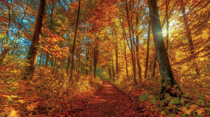 Obraz premium Beautiful Autumn Forest Path With Vibrant Foliage