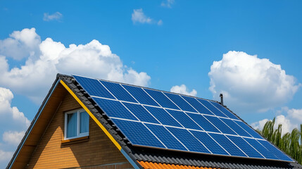 Fototapeta premium Residential building equipped with photovoltaic panels, capturing solar energy under a clear blue sky and fluffy clouds