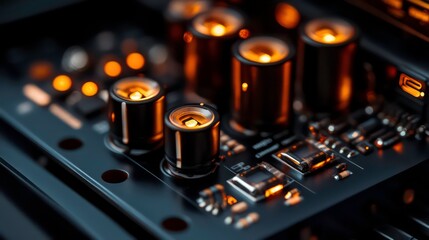 On a black background, a closeup of an audio system