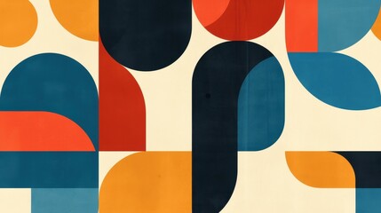 Colorful abstract geometric pattern featuring rounded shapes in blue, orange, and red against a light background.