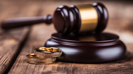 A judge's gavel and wedding bands on a wooden table, symbolizing divorce.