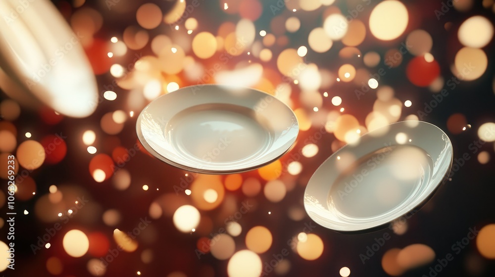 Poster elegant plates floating in sparkling background