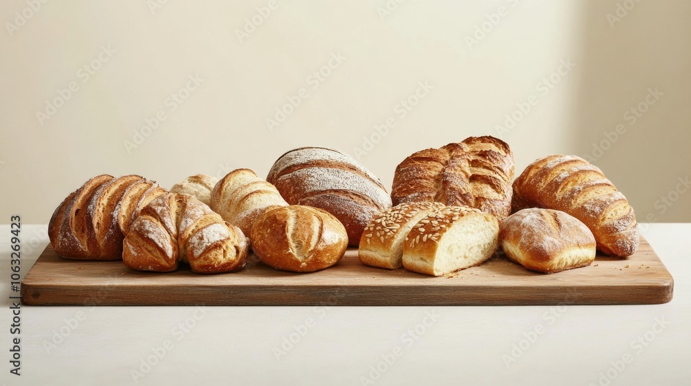 Poster an array of freshly baked bread and pastries is artfully arranged on a wooden board, showcasing a de