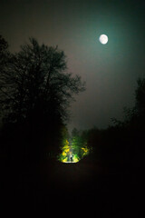 Man standing in forest under moon and gloomy sky. Horror scene.