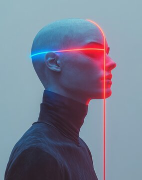 The face glows with an aura of blue light on one side and a red glow on the other.