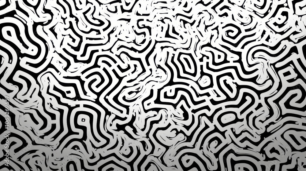 Poster intricate black and white abstract pattern featuring swirling lines and shapes for a modern artistic