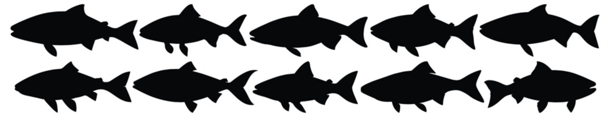 Fish silhouettes set, fishing pack of vector silhouette design, isolated background.