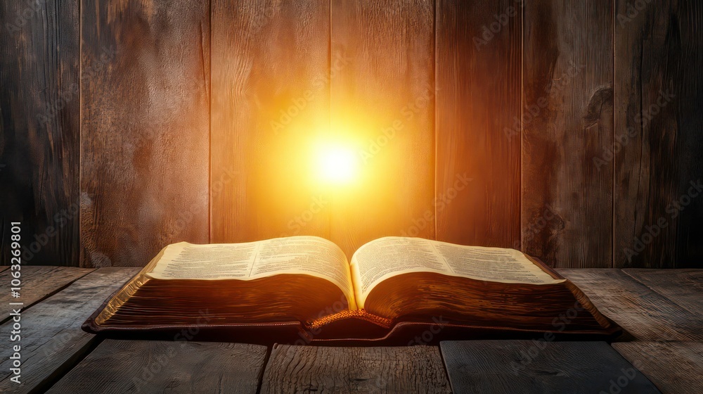 Poster an open book emits a warm glow against a wooden background, symbolizing knowledge and enlightenment.